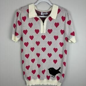 OxKnit Short Sleeve 3/4 Zip Heart & Bird 70's Style Sweater NEW XL